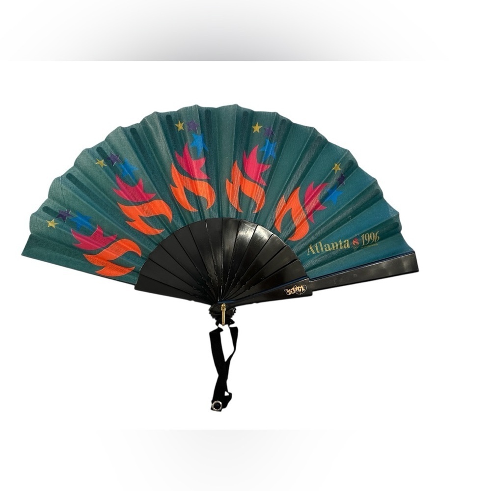NIB 1996 VTG Atlanta Olympics Souvenir Zephyr Hand Fan Fabric Torch Flames